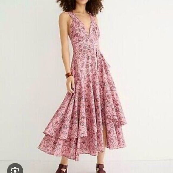J. Crew Collection‎ Cross-back ruffle-hem dress in Ratti coral vines Size 6 - Picture 2 of 13